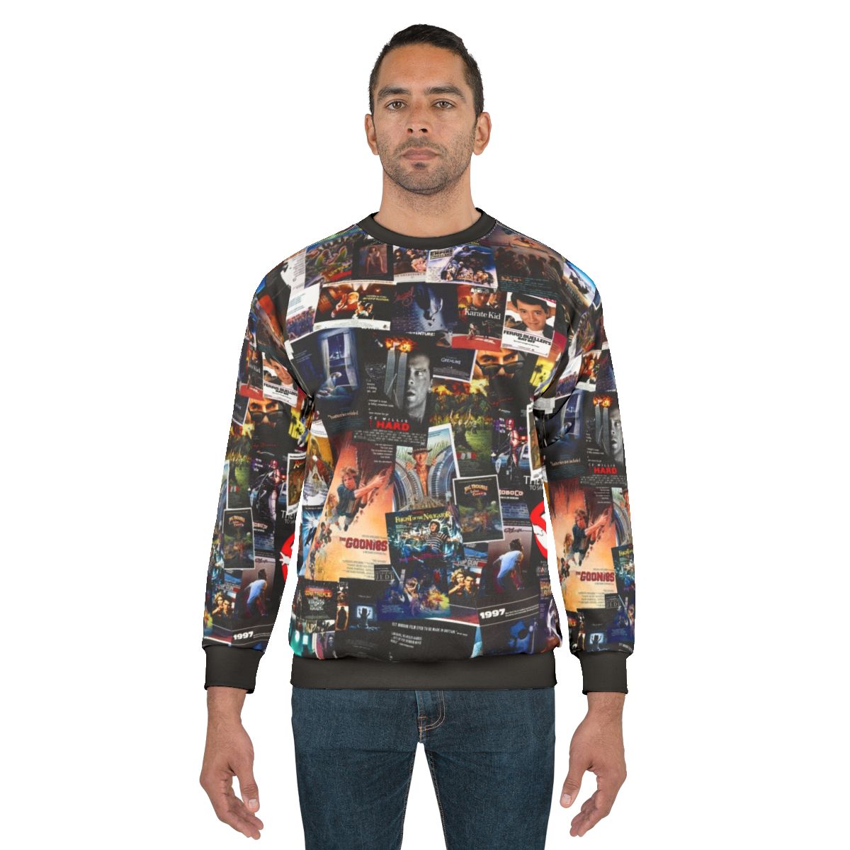 Retro 1980s movie posters graphic on a cozy sweatshirt