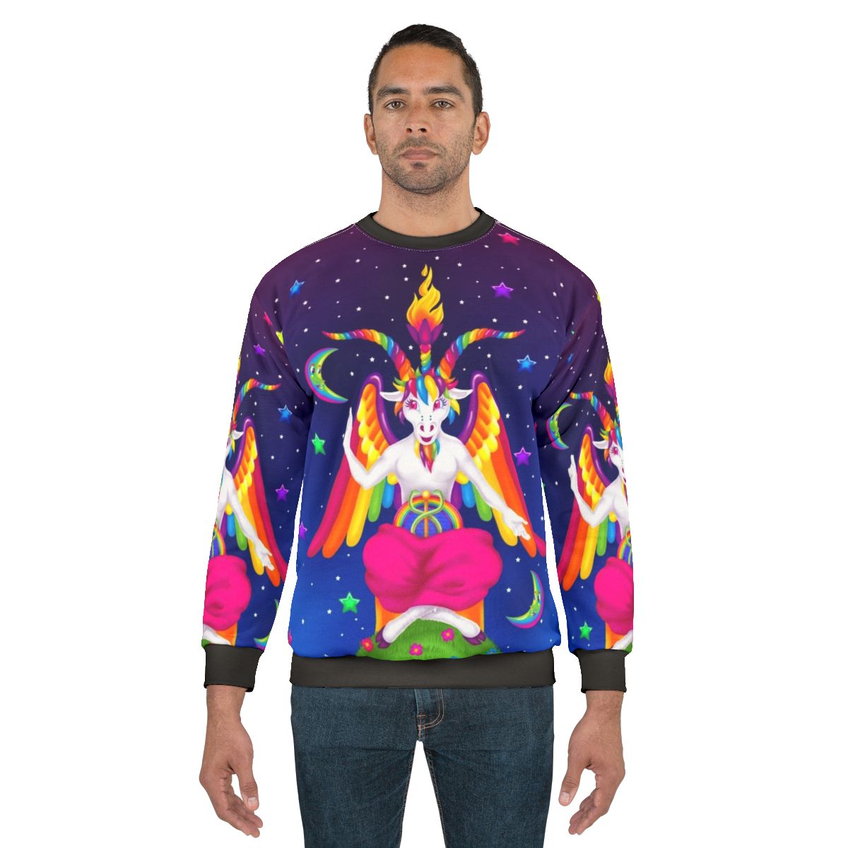 Neon rainbow baphomet sweatshirt with occult and satanic elements
