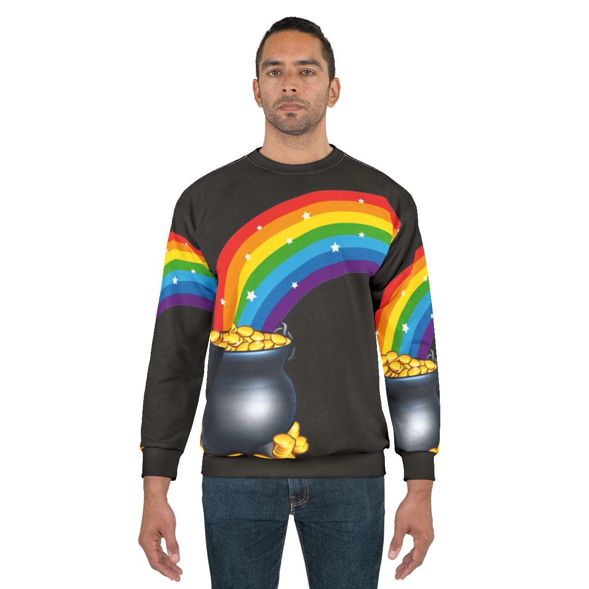 A cozy sweatshirt featuring the iconic pot of gold at the end of the rainbow, a symbol of Irish luck and prosperity.