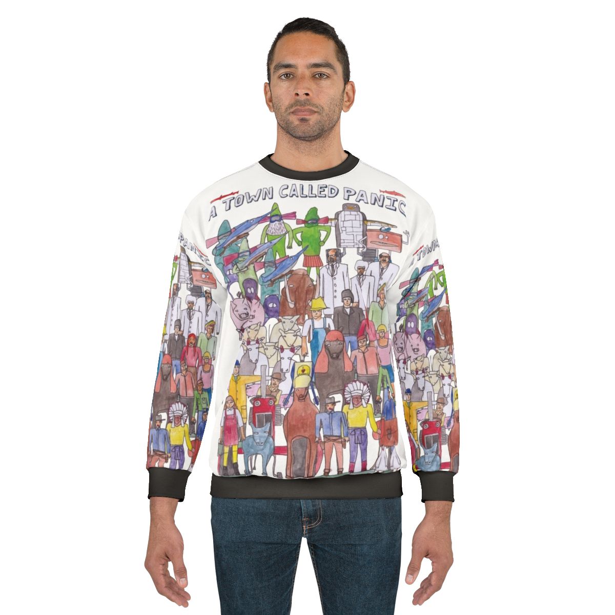 A Town Called Panic stop motion animation sweatshirt featuring the team illustration