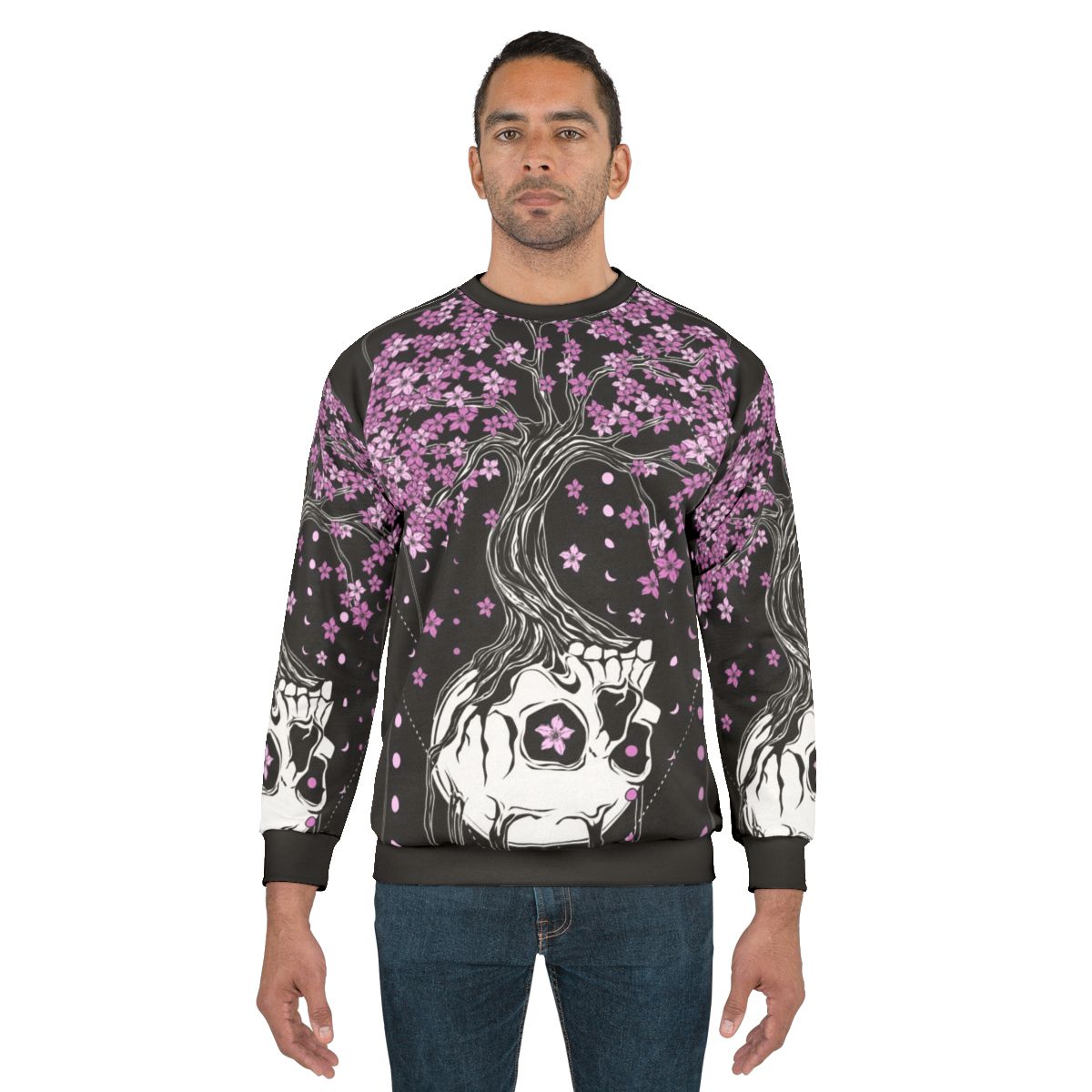Afterlife Skull Sweatshirt with Cherry Blossom Floral Design