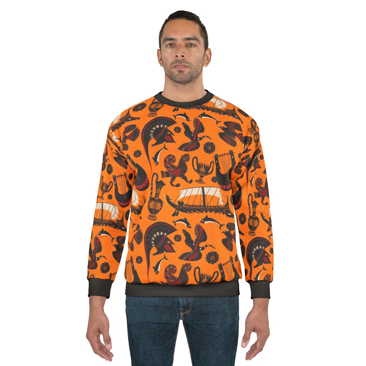 Ancient Greek black figure pottery pattern on a sweatshirt