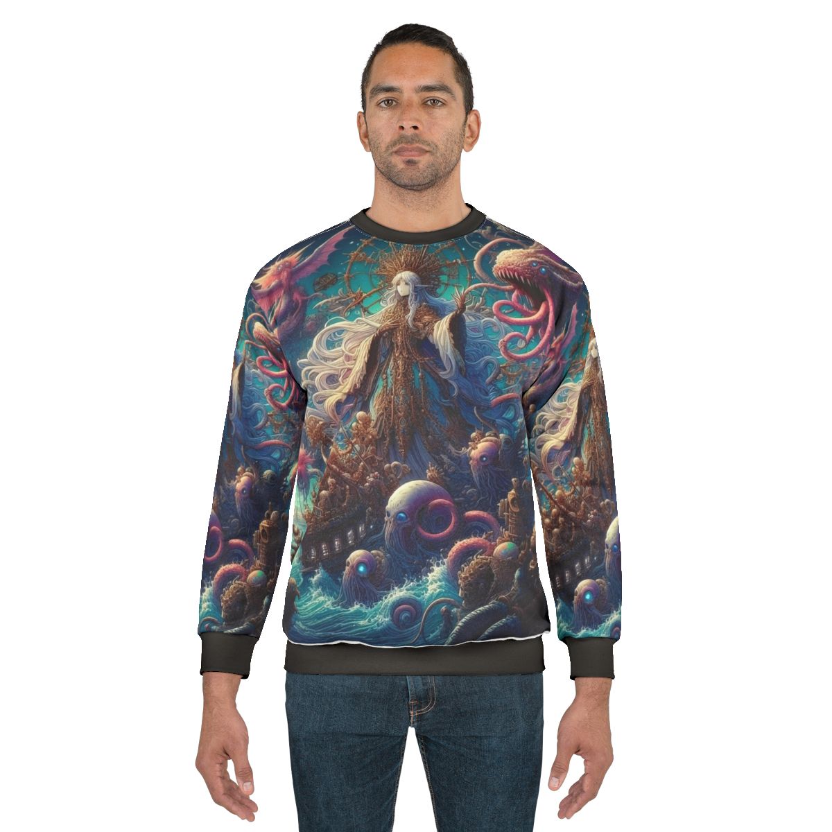 Kawaii anime girl on a black anime-inspired sweatshirt