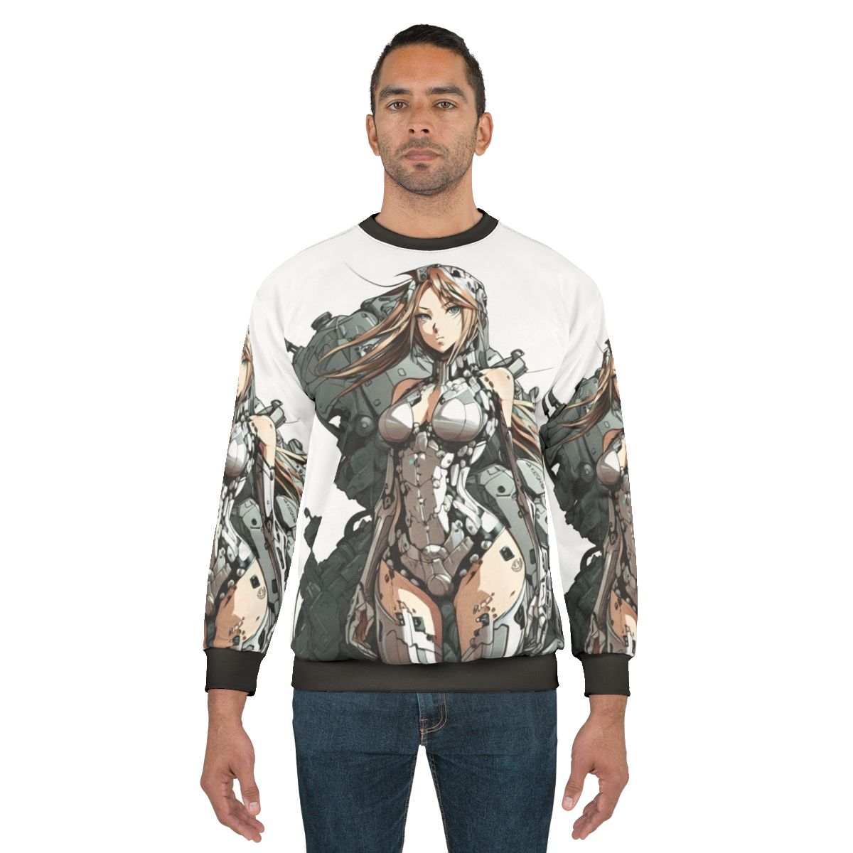 Armored anime girl wearing a grey sweatshirt