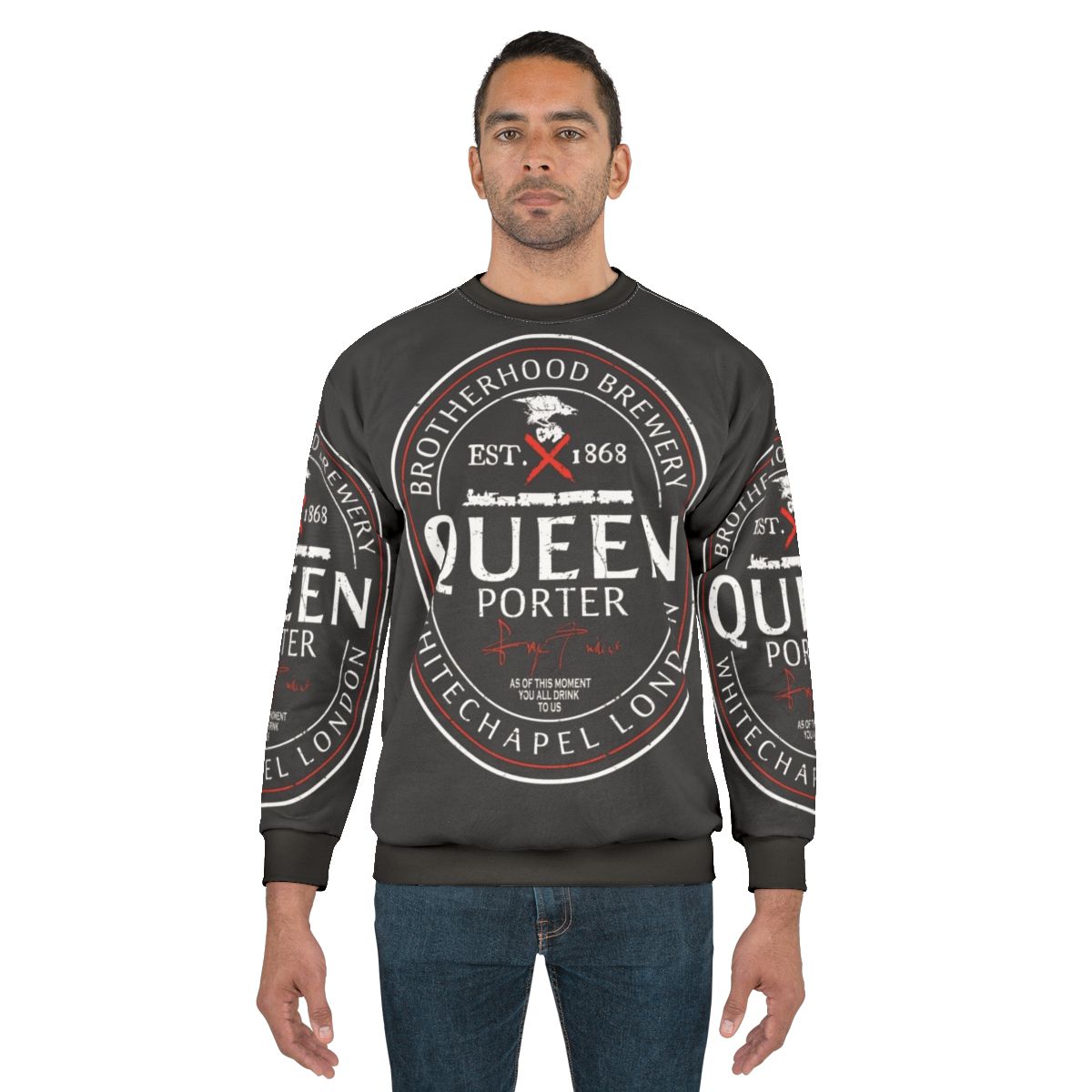 Assassin's Creed inspired gaming sweatshirt with beer label graphic