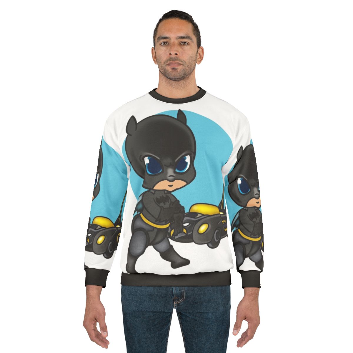Cute cartoon baby bat wearing a superhero sweatshirt