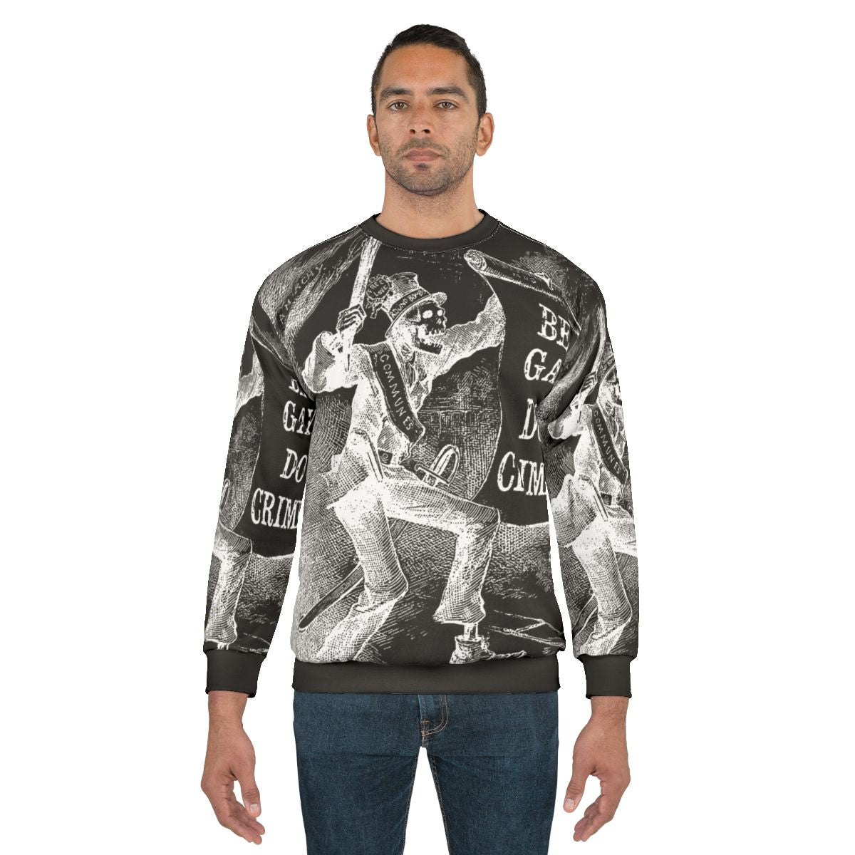 Skeleton sweatshirt with "Be Gay Do Crime" text and LGBTQ, anarchy, communist imagery