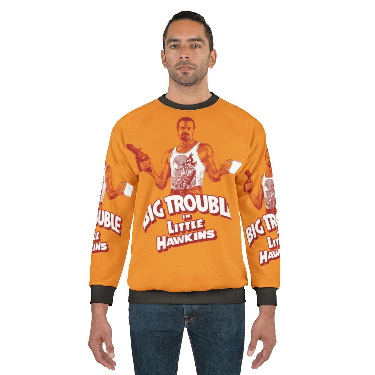 "Big Trouble in Little Hawkins" 80s horror-themed sweatshirt