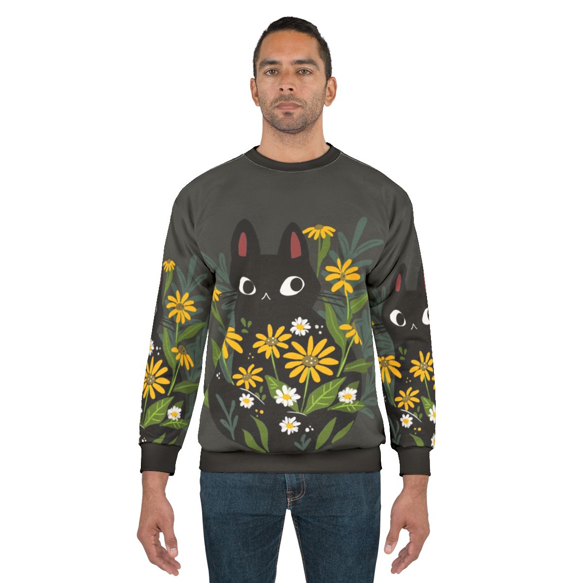 Black cat with colorful flower print on sweatshirt