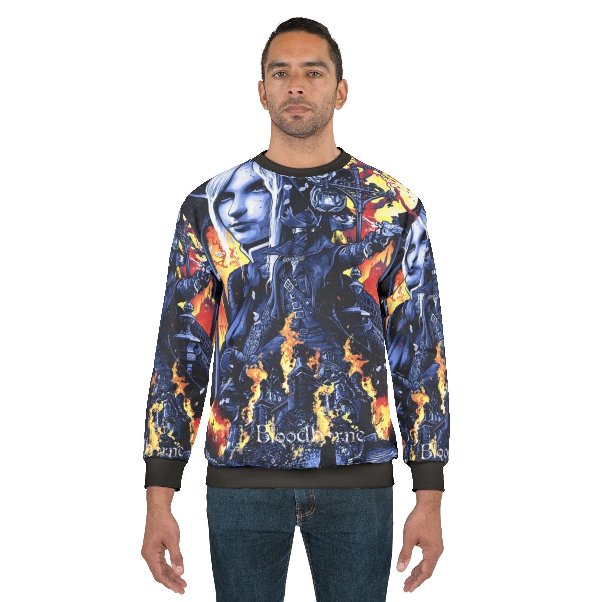 Bloodborne inspired sweatshirt featuring Yharnam gothic design