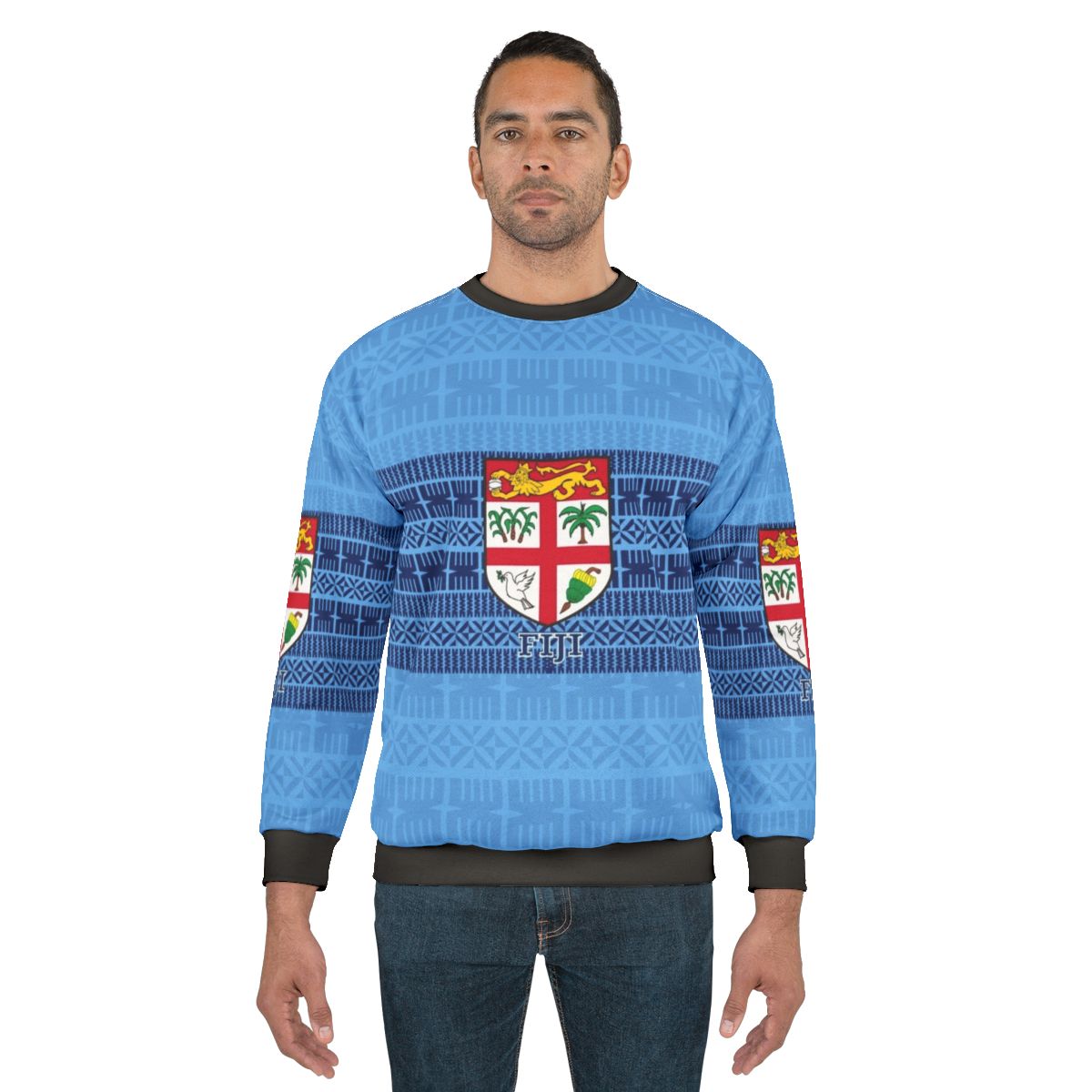 Blue Fiji Flag Masi Tapa Sweatshirt with Tribal and Polynesian Design