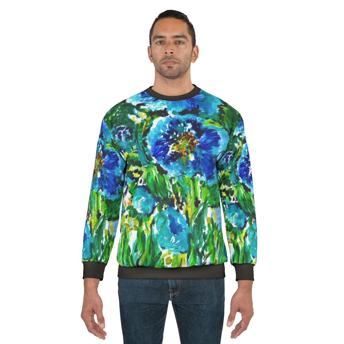 Blue poppies sweatshirt with religious art design