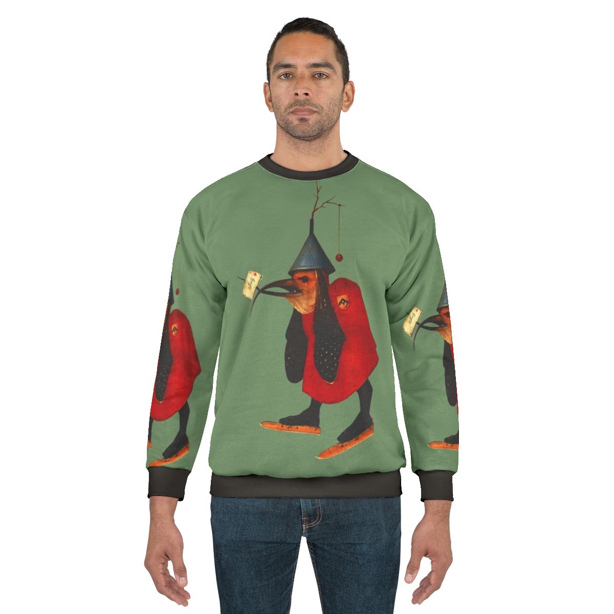 Hieronymus Bosch inspired sweatshirt with bird and letter design