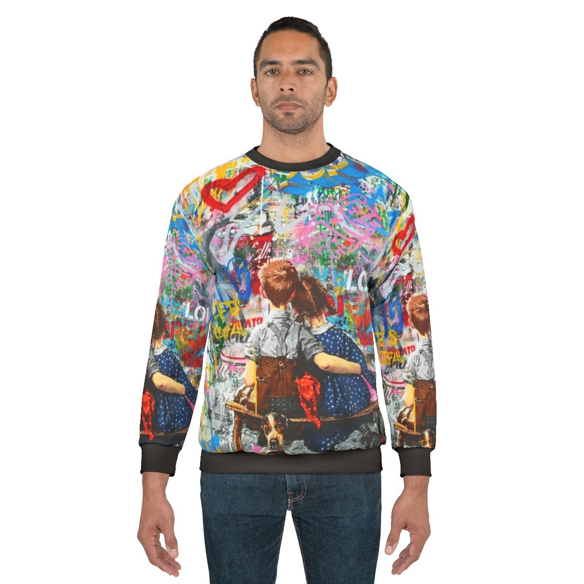 Colorful boy and girl pop art inspired collage design on sweatshirt