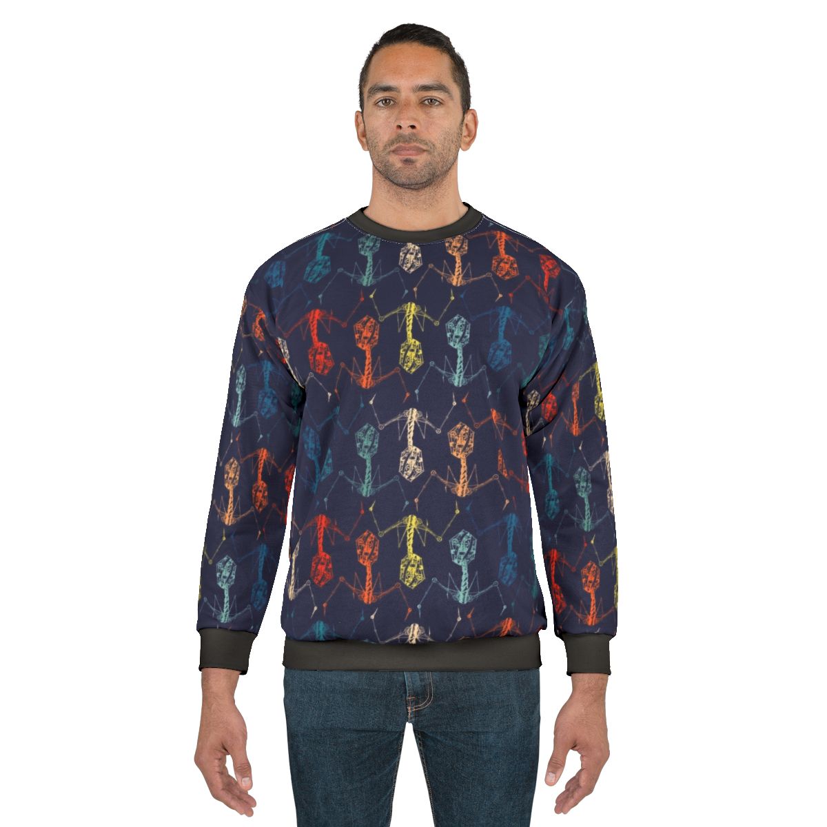 Built Phage Rainbow Sweatshirt featuring a bacteriophage graphic design