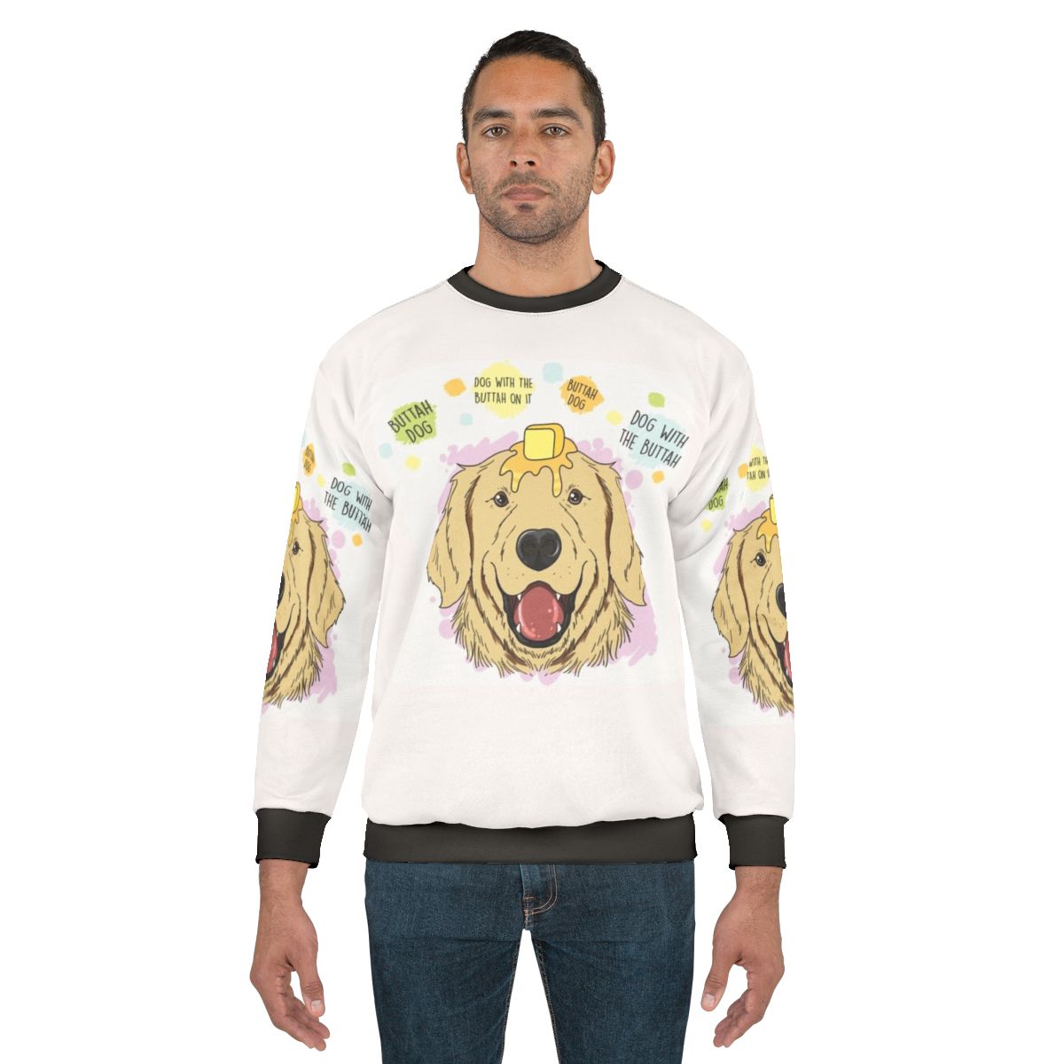 Butter dog wearing a comfortable sweatshirt