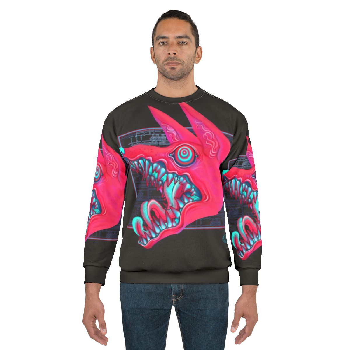 Creepy canine sweatshirt with pastel colored teeth and eyes