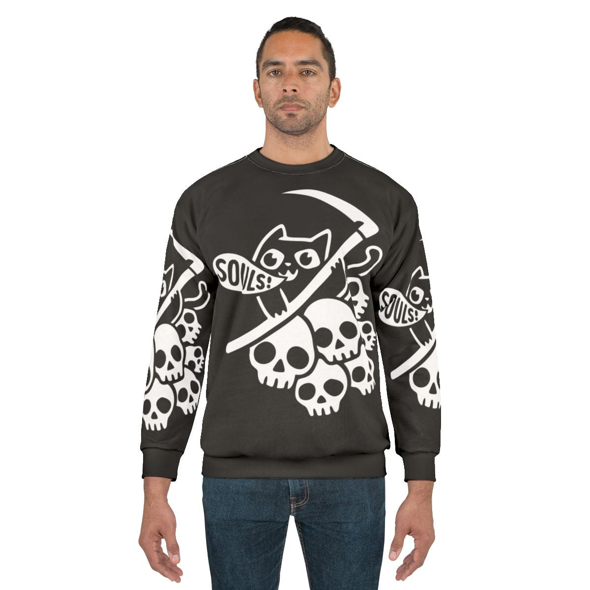 Dark gothic "Cat Got Your Soul II" sweatshirt with grim reaper and cat design