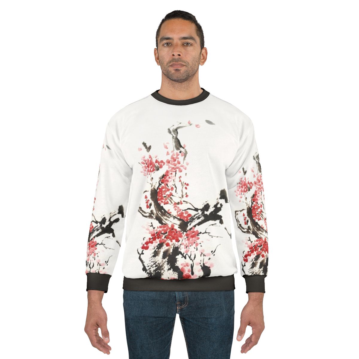 Japanese ink painting of cherry blossom flowers on a sweatshirt