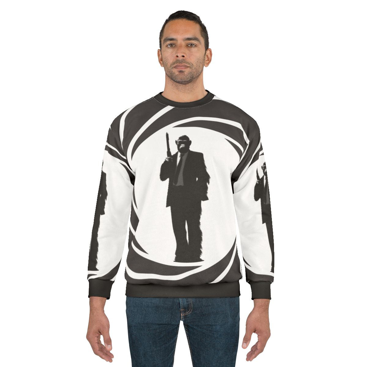 Chimpanzee secret agent wearing tuxedo on sweatshirt