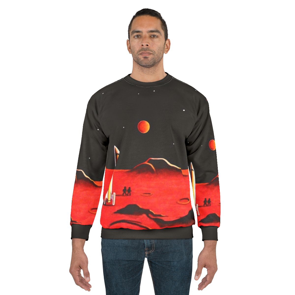 Retro-styled sweatshirt featuring a futuristic city on the planet Mars