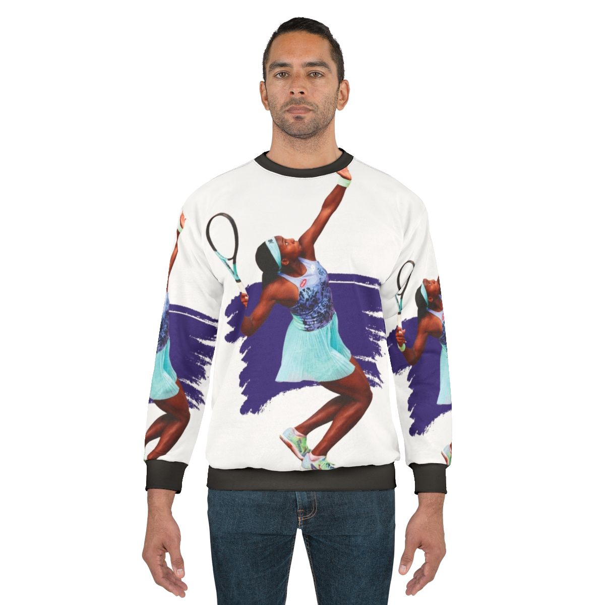 Coco Gauff playing tennis on a stylish sweatshirt