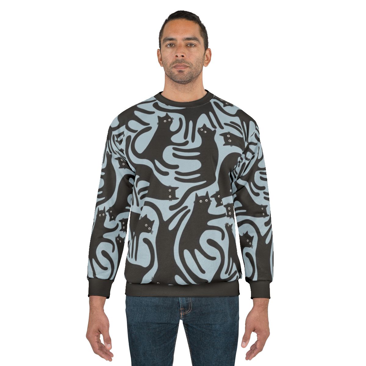 Blue sweatshirt with a modern black cat print design