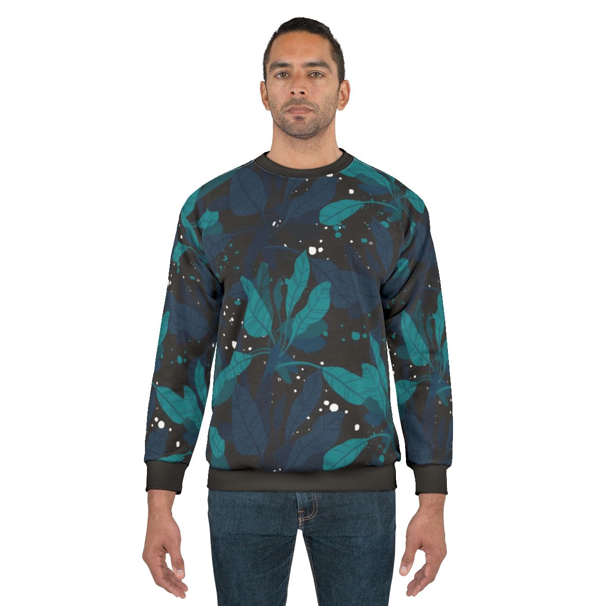 Dark green sweatshirt with tropical palm leaves design