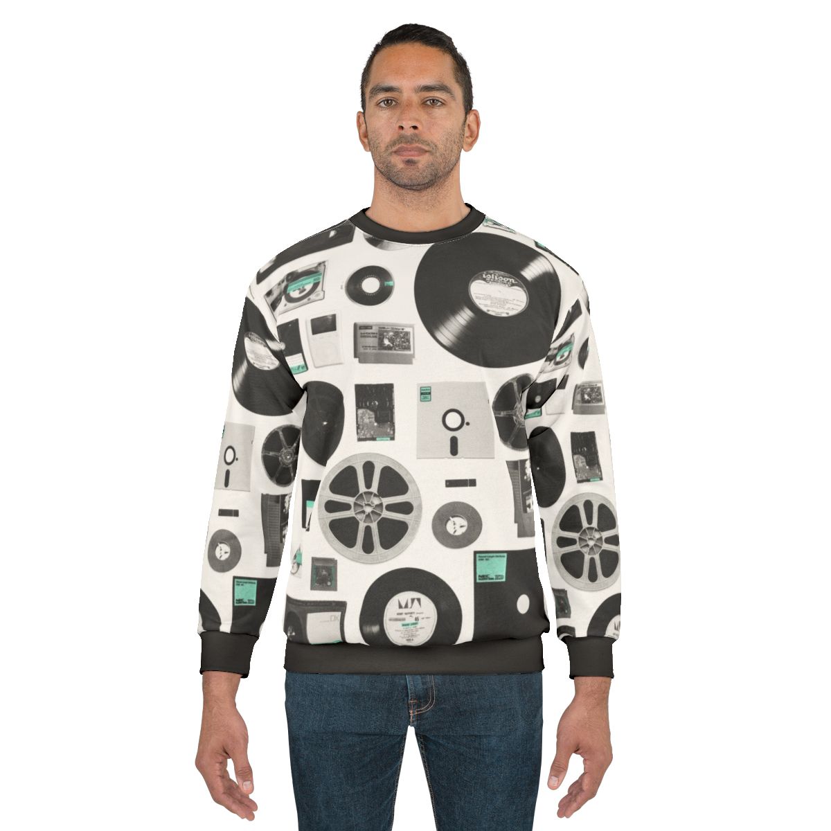 Data Sweatshirt featuring a minimalist design of vintage computer and audio media
