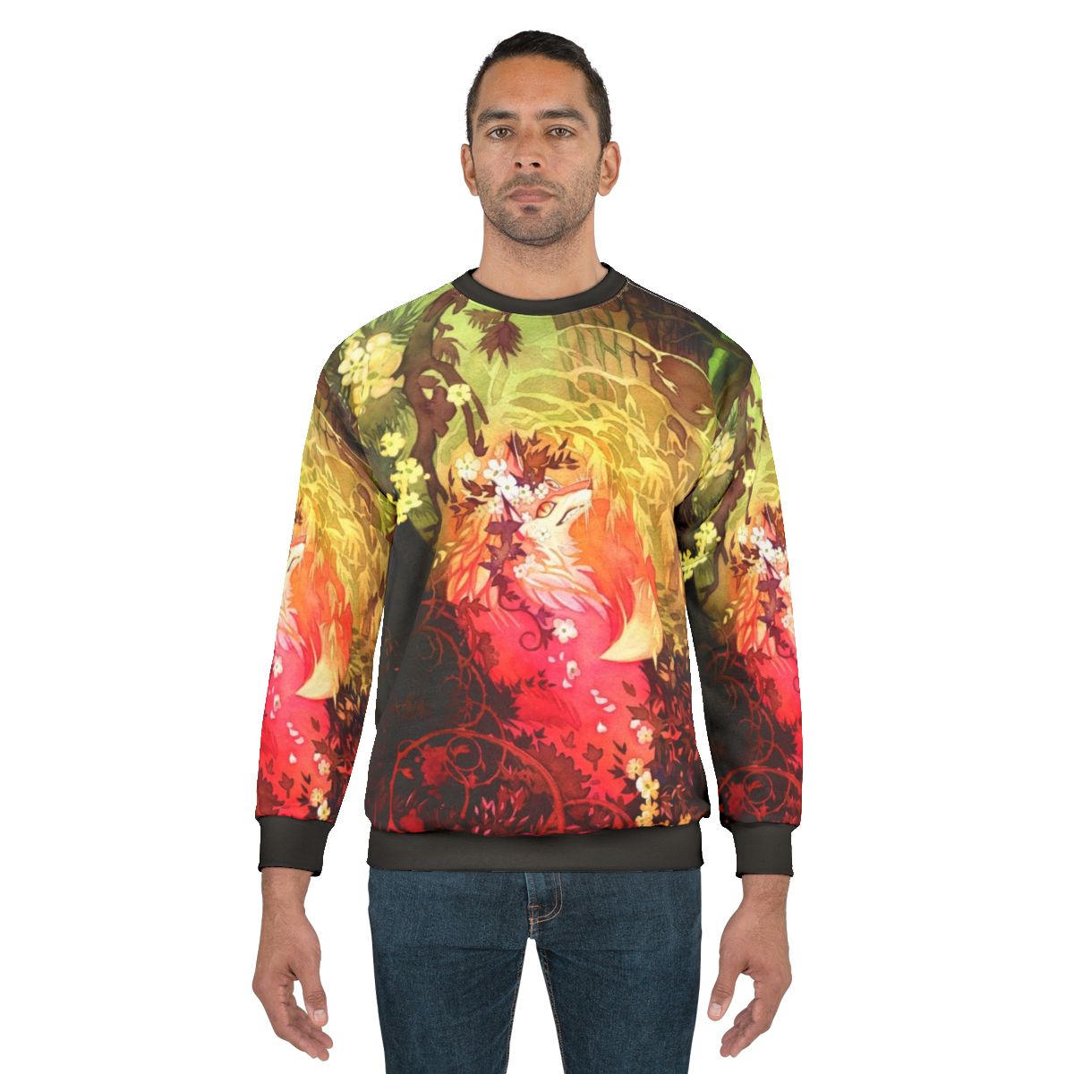 Watercolor illustration of a fox in a floral forest on a pink sweatshirt