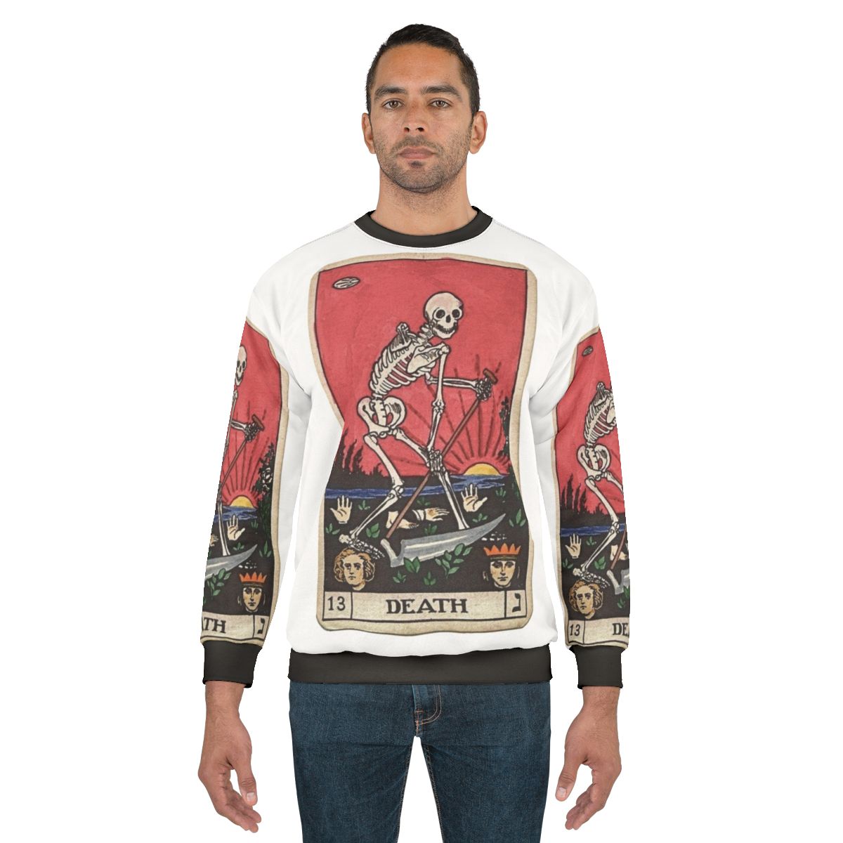 Haunting death tarot sweatshirt with skeleton and occult symbols