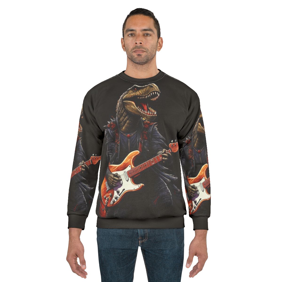 Dinosaur playing guitar illustration on a sweatshirt