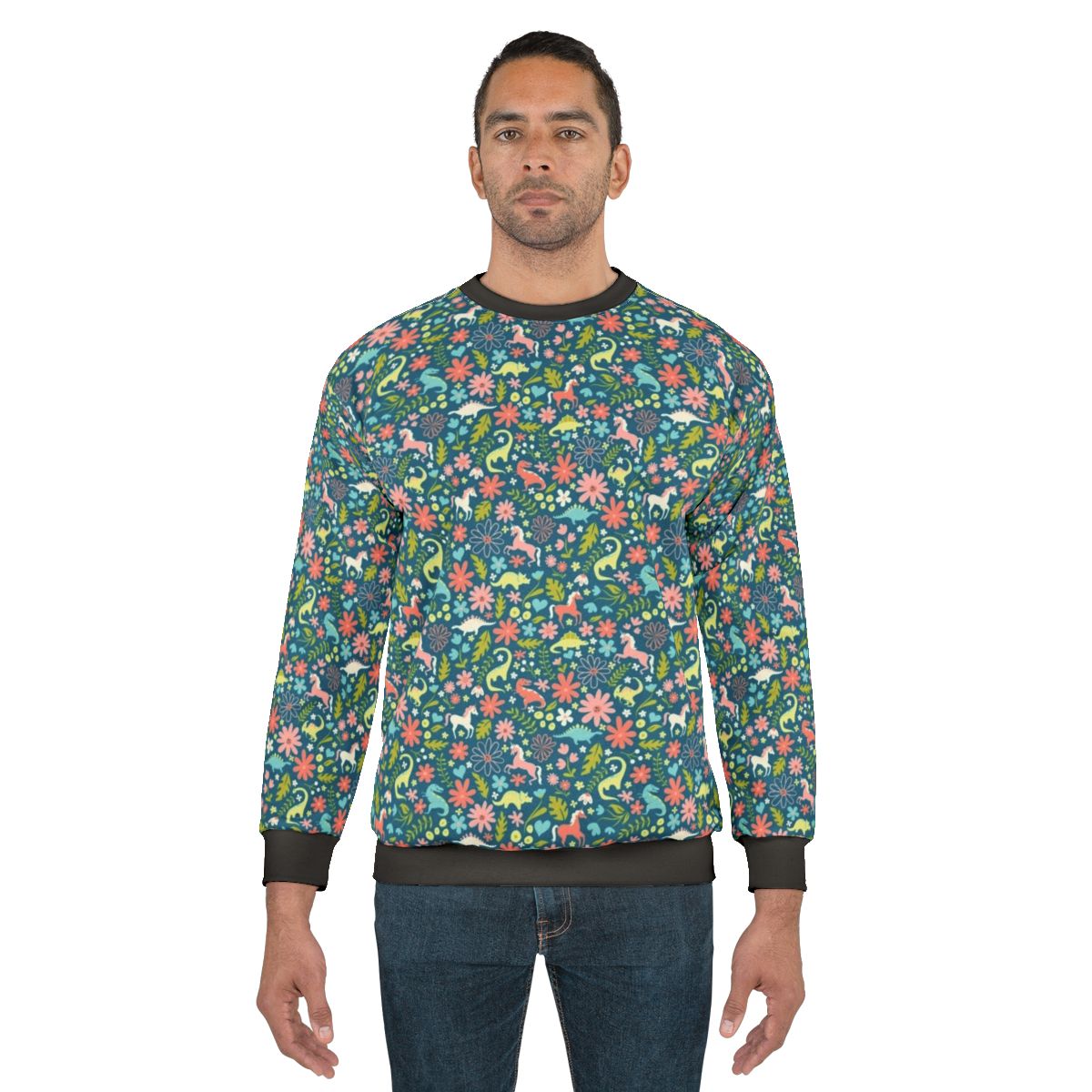 Magical dinosaur and unicorn sweatshirt with floral pattern