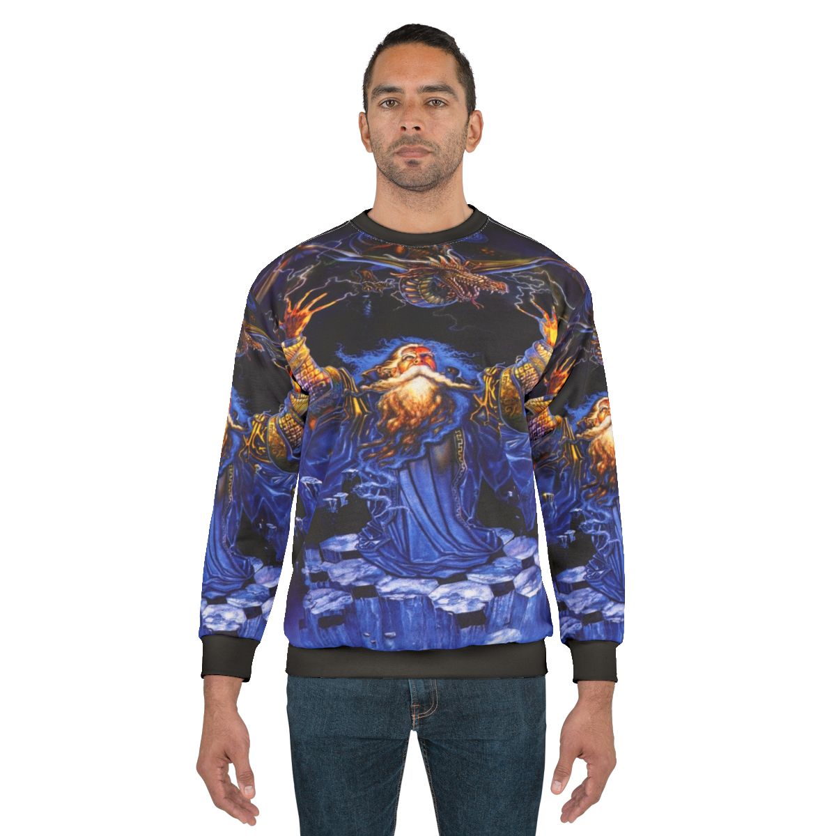 Dragon wizard graphic on a cozy sweatshirt