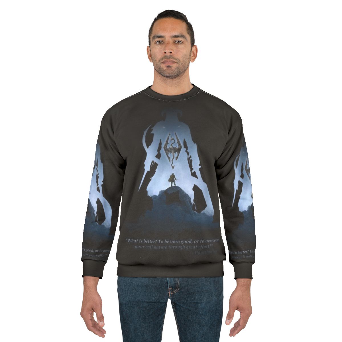 Dragonborn Sweatshirt featuring the iconic Skyrim logo and dragon