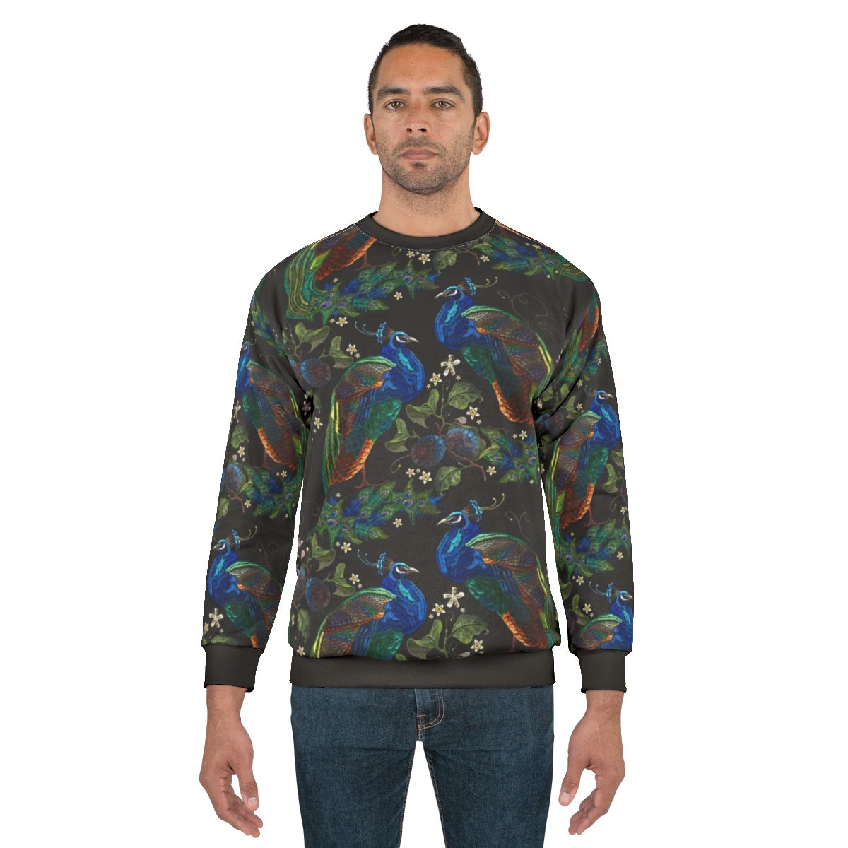 Embroidered peacock sweatshirt with colorful ethnic design