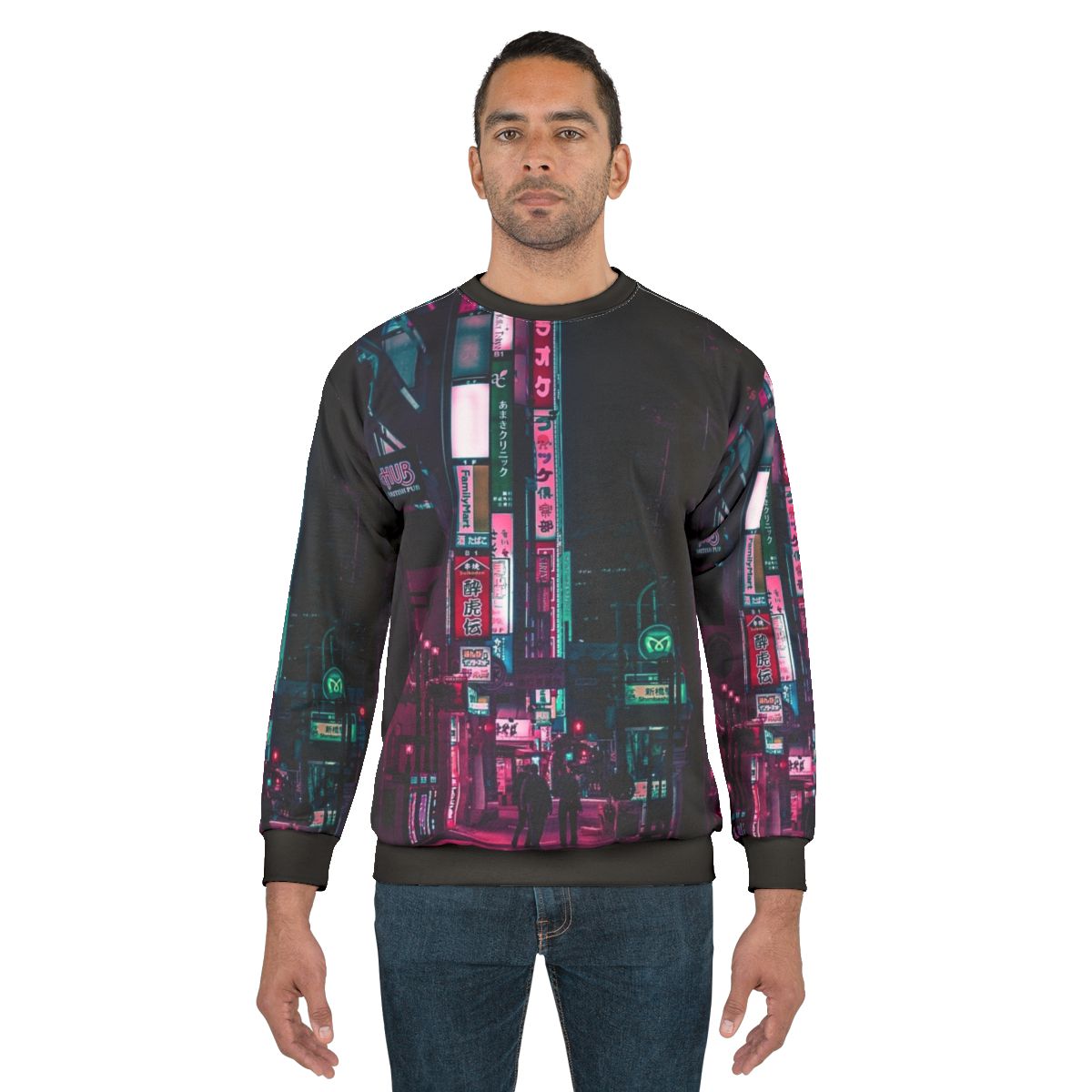 Cyberpunk-inspired sweatshirt with neon lights and urban Tokyo aesthetic