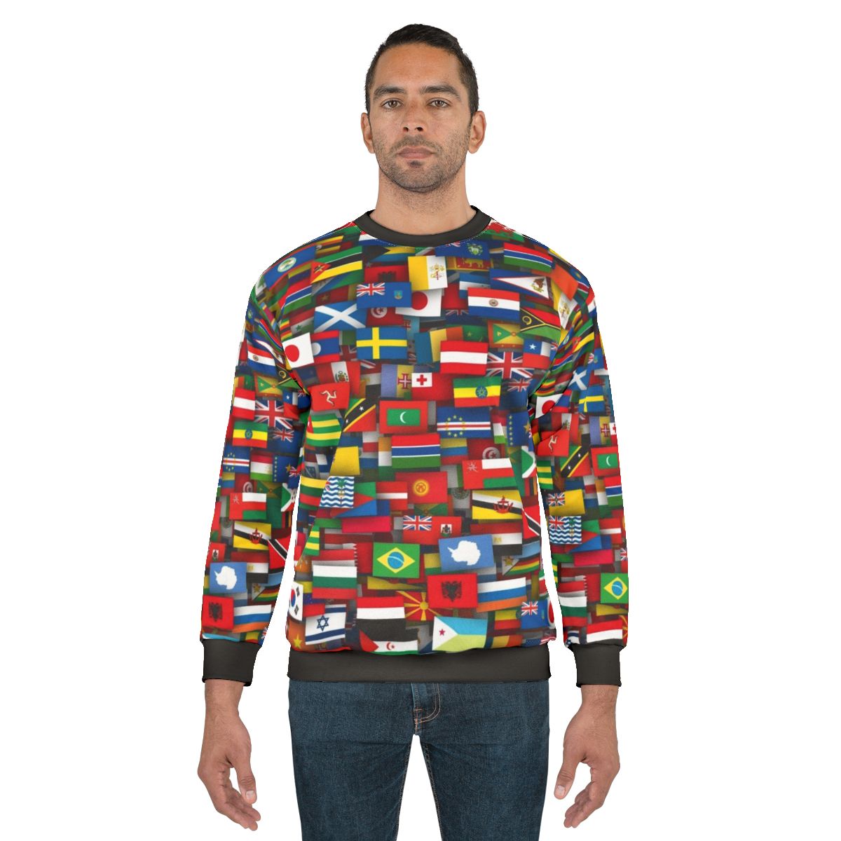 Sweatshirt with designs of flags from countries around the world