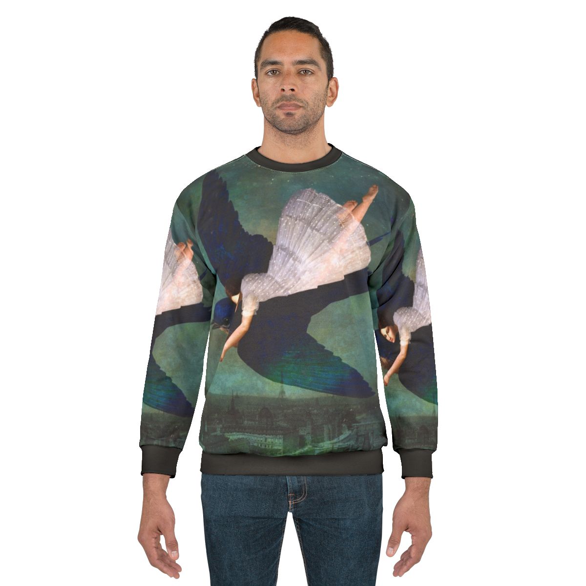 Sweatshirt with a surreal dreamscape featuring a girl flying over Paris under the night sky and stars