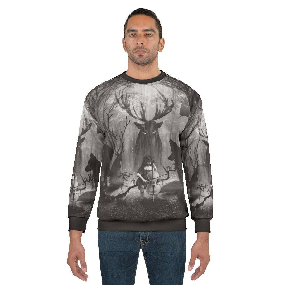 Cello music sweatshirt featuring a forest scene with a fox, wolf, and deer
