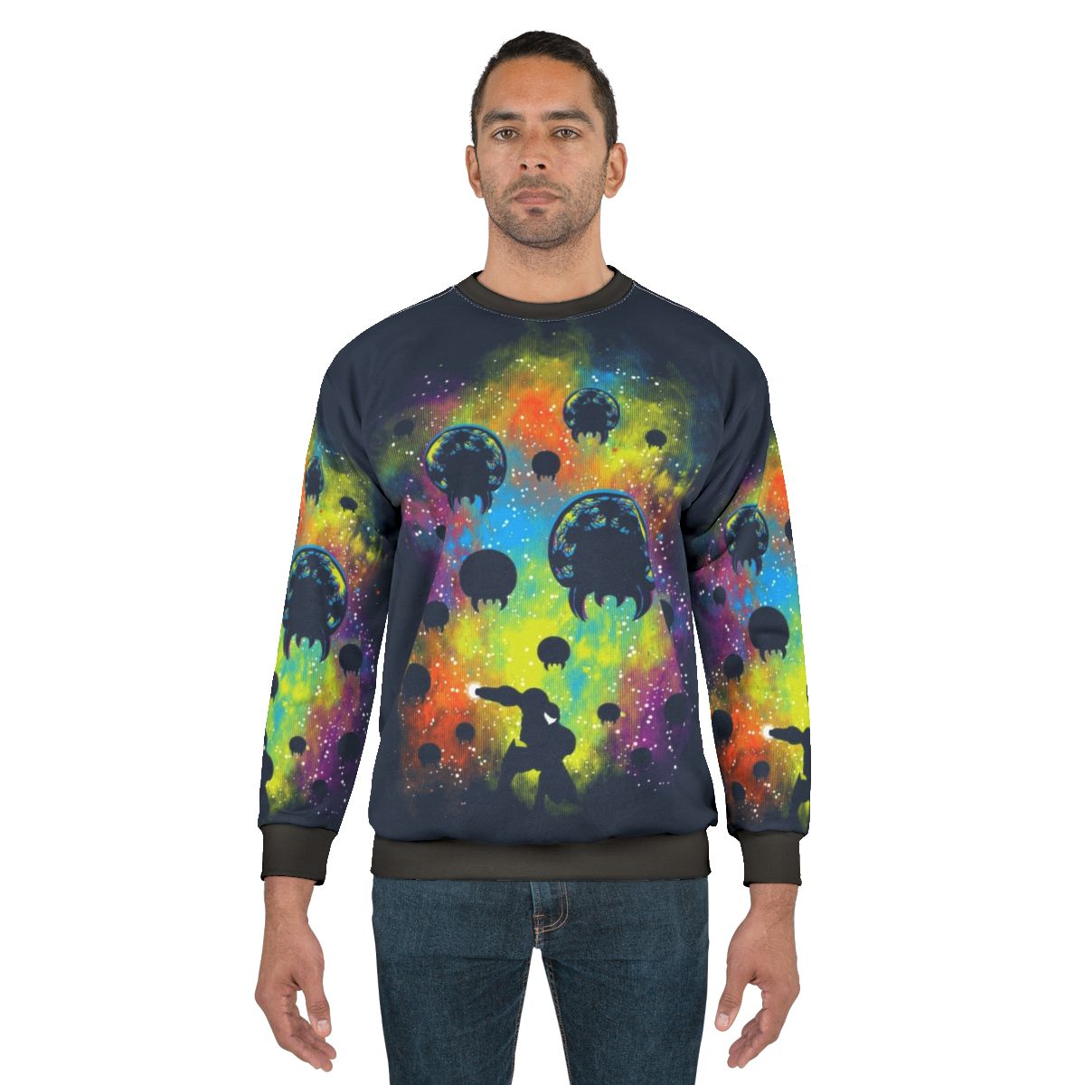Galactic Warrior Sweatshirt featuring a vibrant sci-fi and gaming inspired design