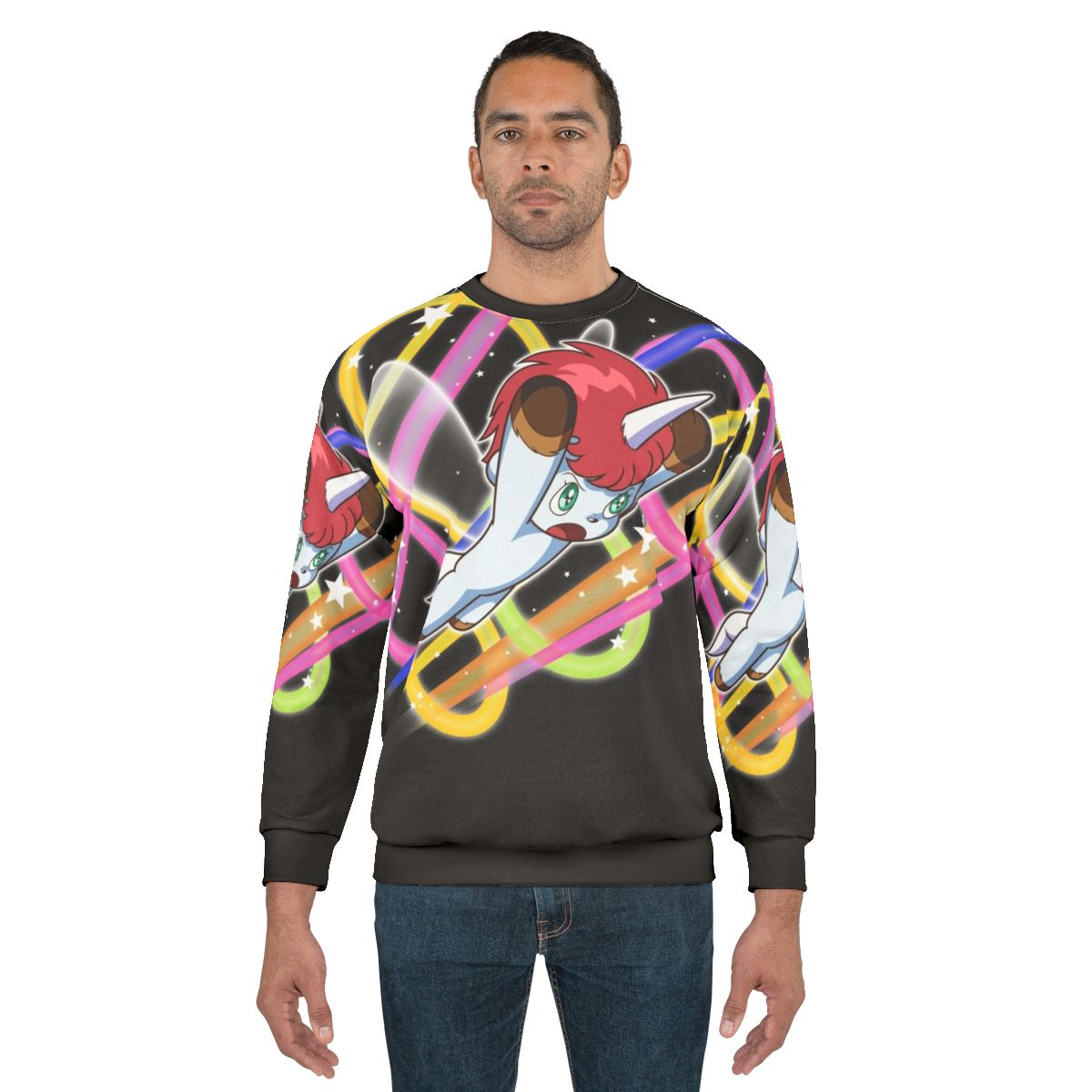Cute and cozy unicorn sweatshirt with pink and white colors and sparkling stars