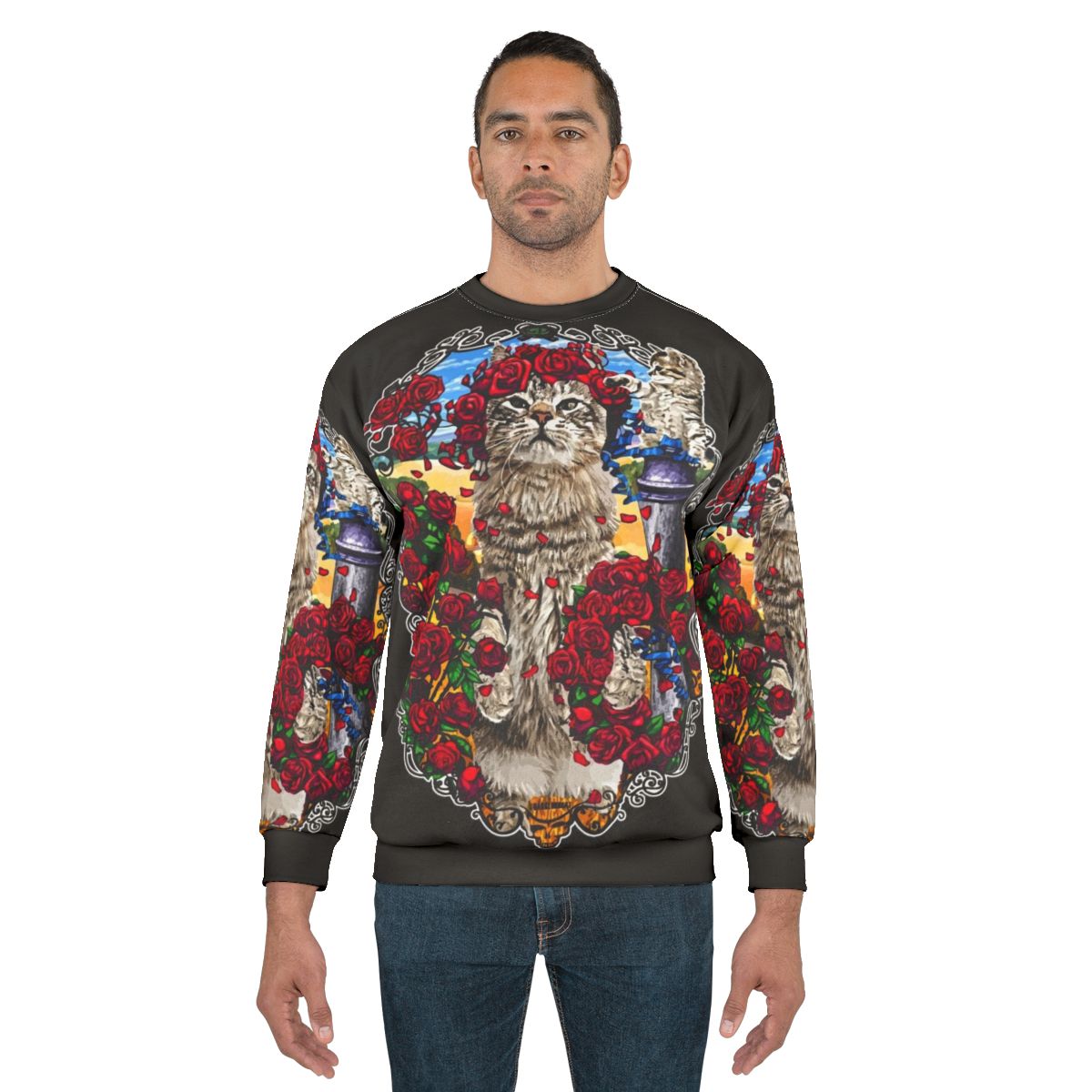 Grateful cats and psychedelic roses design on a sweatshirt
