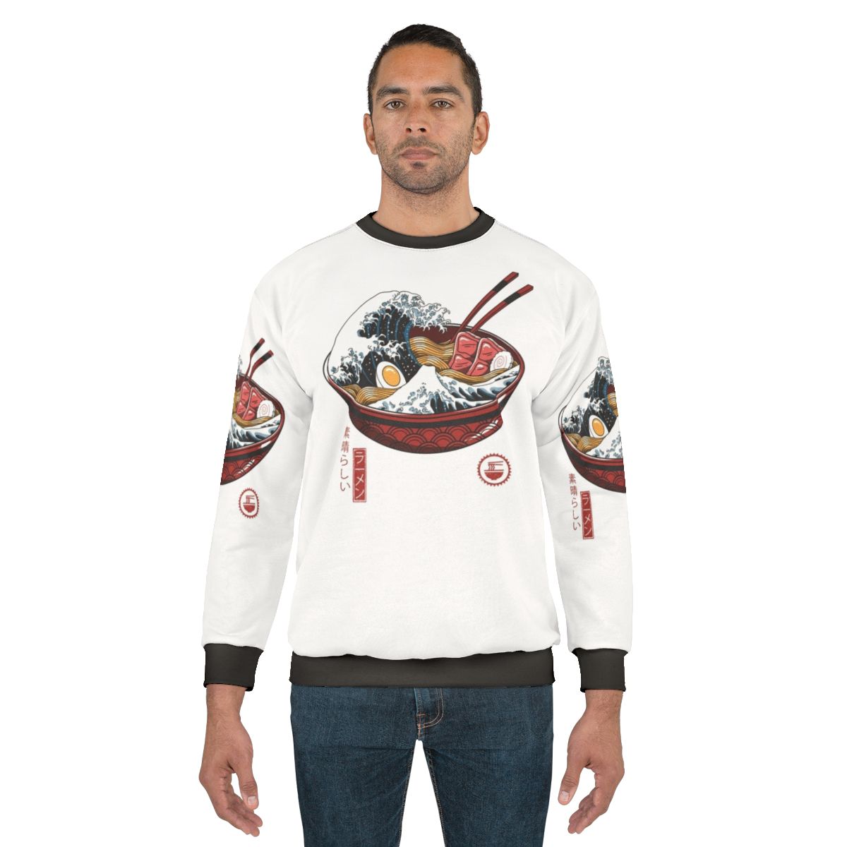 Japanese-inspired 'Great Ramen Wave' design on a white sweatshirt
