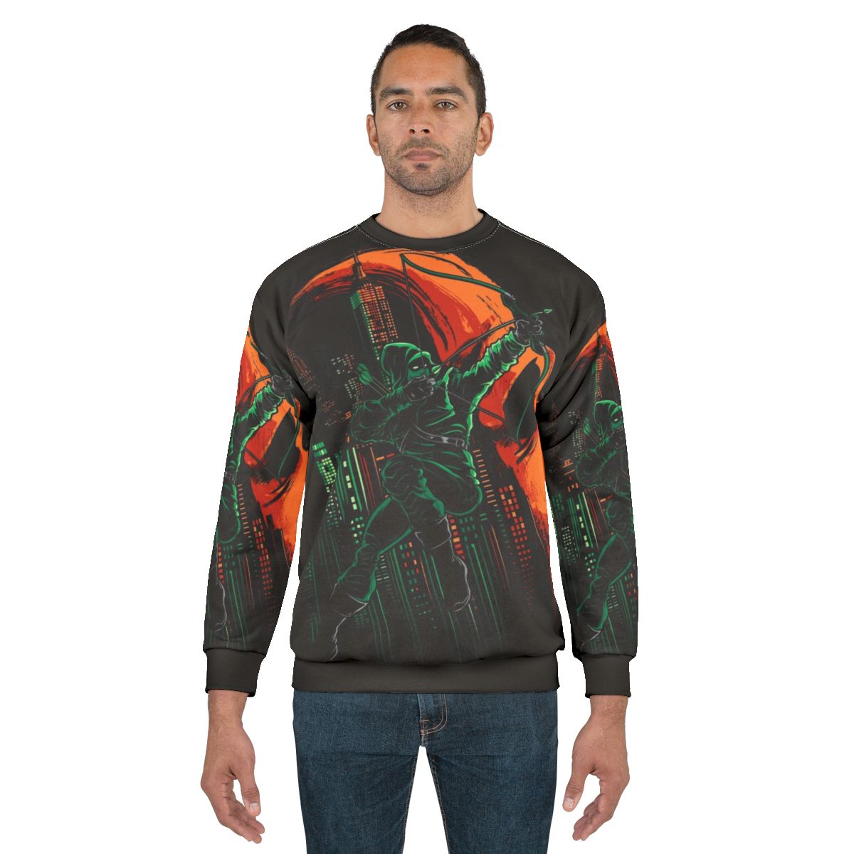 Green Vigilance superhero sweatshirt featuring Oliver Queen's Arrow design