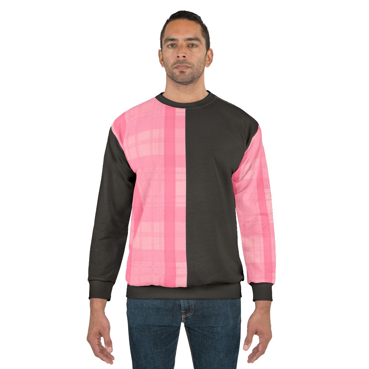 Monochrome plaid sweatshirt with half black, half pink design