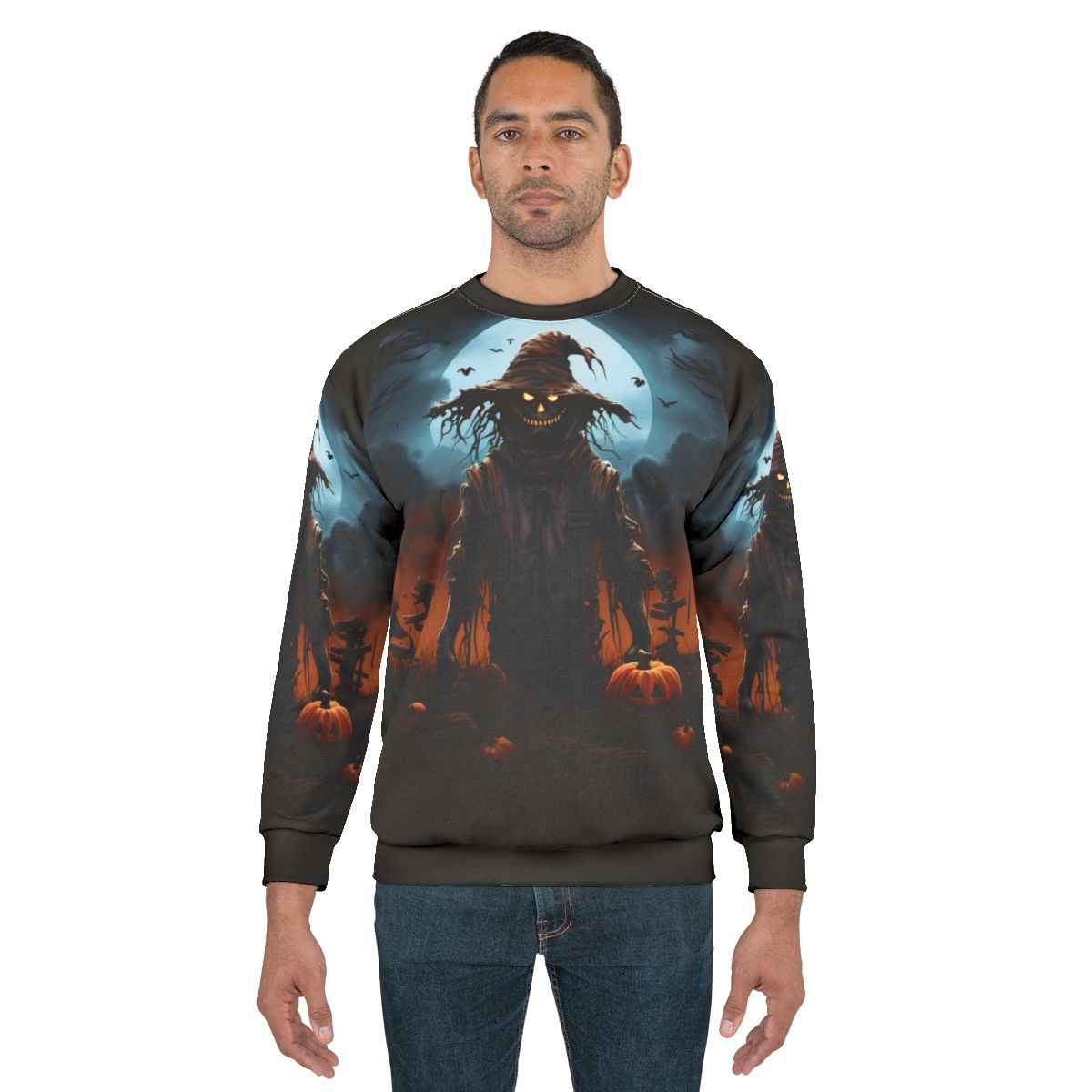 Haunting scarecrow under a full moon on a spooky Halloween night