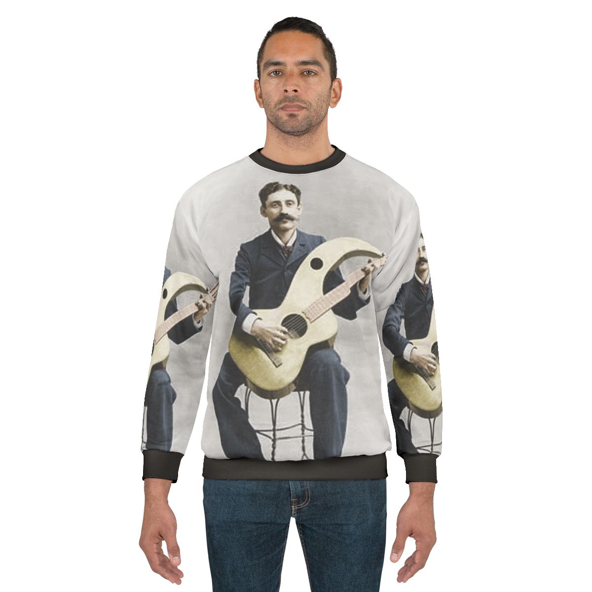 Vintage harp guitar sweatshirt featuring an acoustic instrument from the Edwardian era
