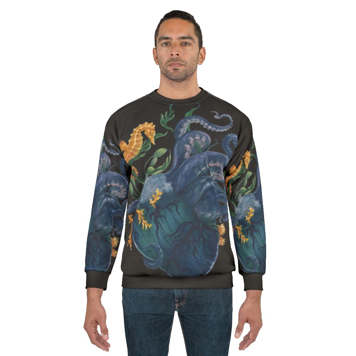 Ocean-themed sweatshirt with anatomical heart design and marine life