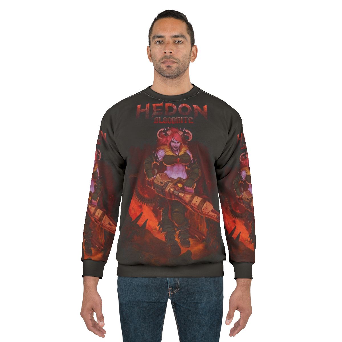 Hedon Bloodrite retro style sweatshirt with demon horns and video game art